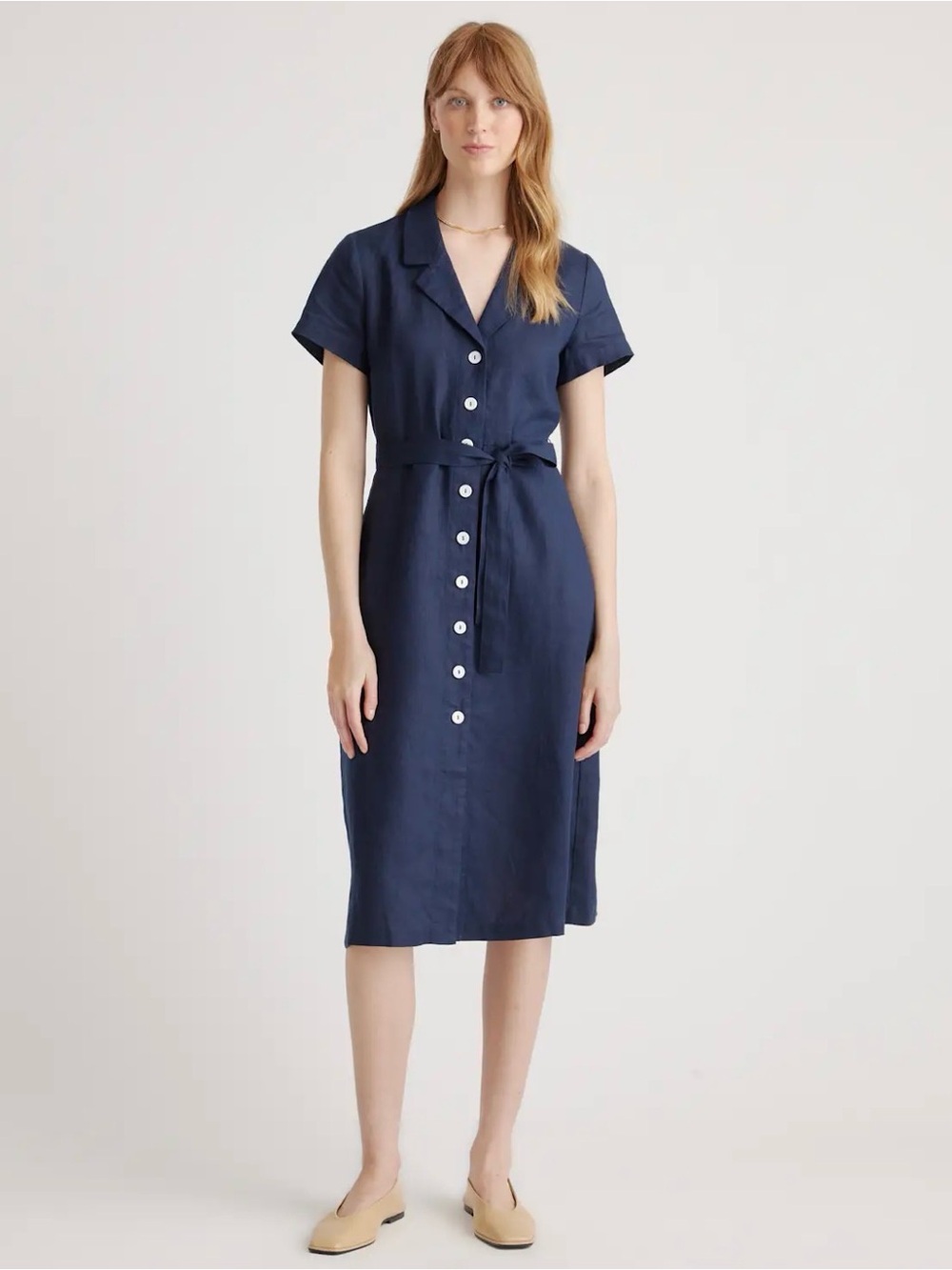 Quince 100% European Linen Button Front Midi Dress Shirtdress Size S Deep Navy
